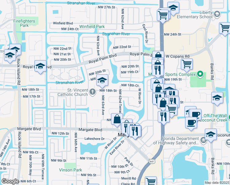 map of restaurants, bars, coffee shops, grocery stores, and more near 6230 Northwest 18th Street in Margate