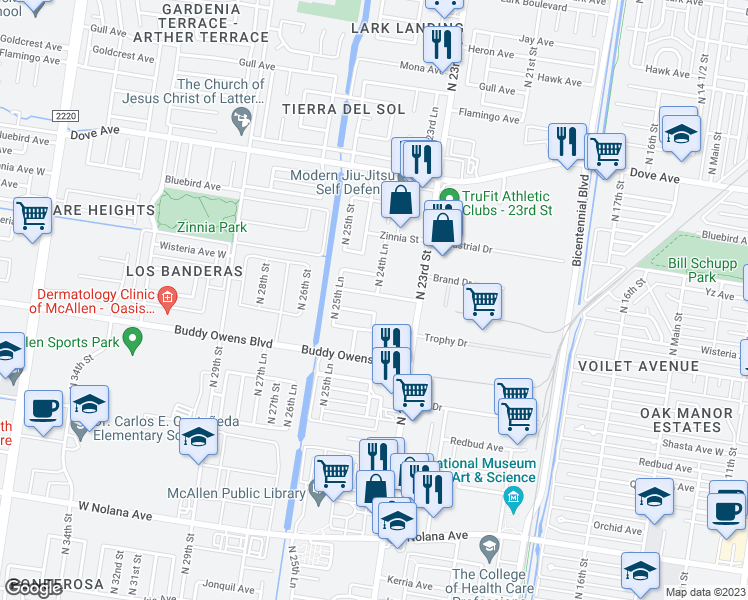 map of restaurants, bars, coffee shops, grocery stores, and more near 2401 Wisteria Avenue in McAllen