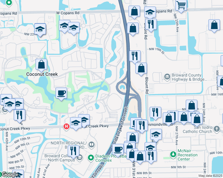 map of restaurants, bars, coffee shops, grocery stores, and more near 1601 Abaco Drive in Coconut Creek