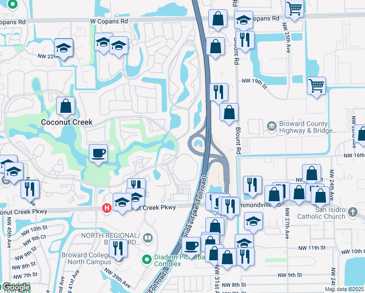 map of restaurants, bars, coffee shops, grocery stores, and more near 1601 Abaco Drive in Coconut Creek