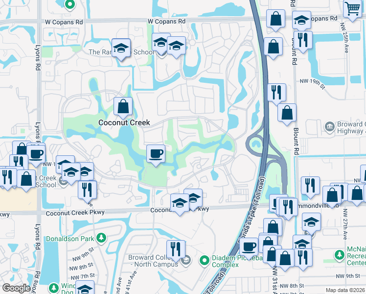 map of restaurants, bars, coffee shops, grocery stores, and more near 3403 Bimini Lane in Coconut Creek