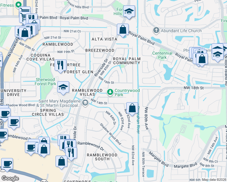 map of restaurants, bars, coffee shops, grocery stores, and more near 1555 Northwest 84th Drive in Coral Springs