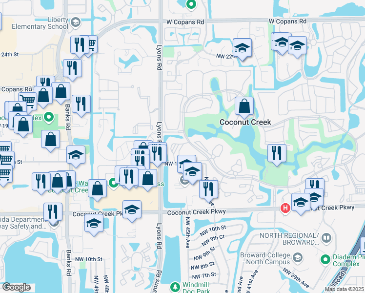 map of restaurants, bars, coffee shops, grocery stores, and more near 2504 Antigua Terrace in Coconut Creek