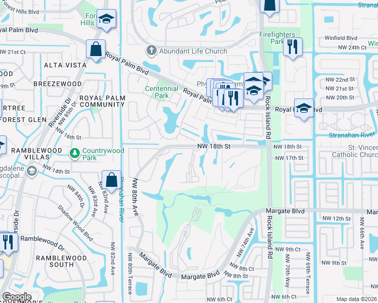 map of restaurants, bars, coffee shops, grocery stores, and more near 7800 Northwest 18th Street in Margate