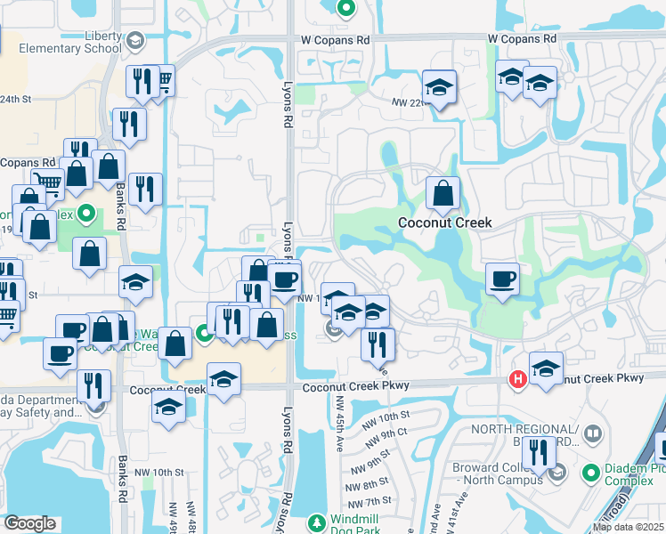 map of restaurants, bars, coffee shops, grocery stores, and more near 2504 Antigua Terrace in Coconut Creek
