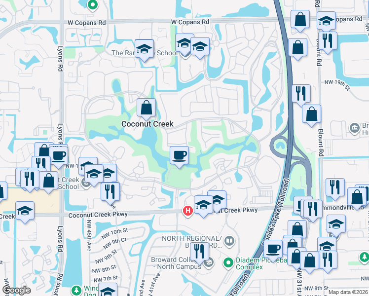 map of restaurants, bars, coffee shops, grocery stores, and more near 3303 Aruba Way in Coconut Creek