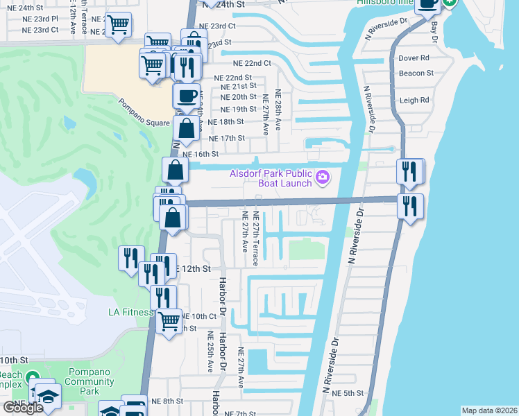 map of restaurants, bars, coffee shops, grocery stores, and more near 2708 Northeast 14th Street in Pompano Beach