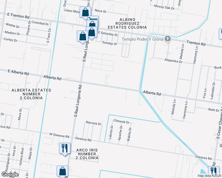map of restaurants, bars, coffee shops, grocery stores, and more near 2828 East Alberta Road in Edinburg
