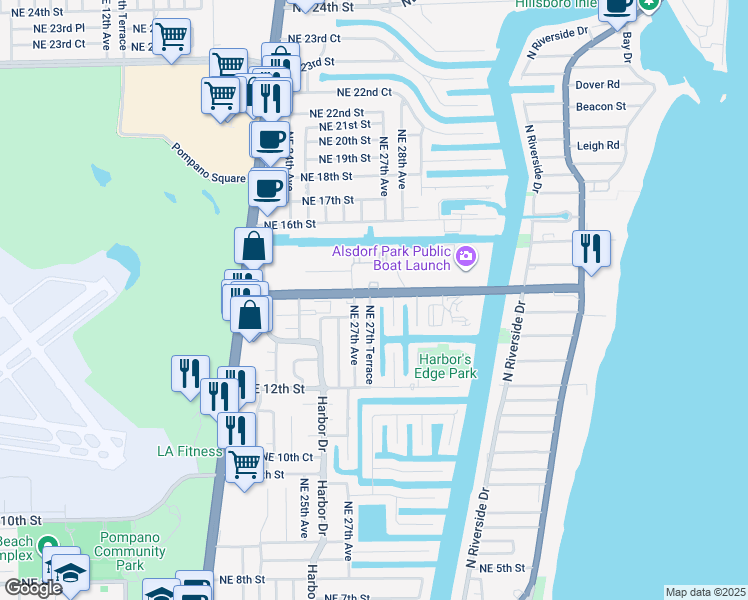 map of restaurants, bars, coffee shops, grocery stores, and more near 2708 Northeast 14th Street Causeway in Pompano Beach