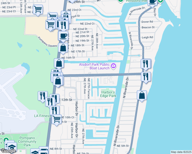 map of restaurants, bars, coffee shops, grocery stores, and more near 2800 Northeast 14th Street Causeway in Pompano Beach