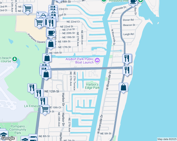 map of restaurants, bars, coffee shops, grocery stores, and more near 2840 Northeast 14th Street Causeway in Pompano Beach