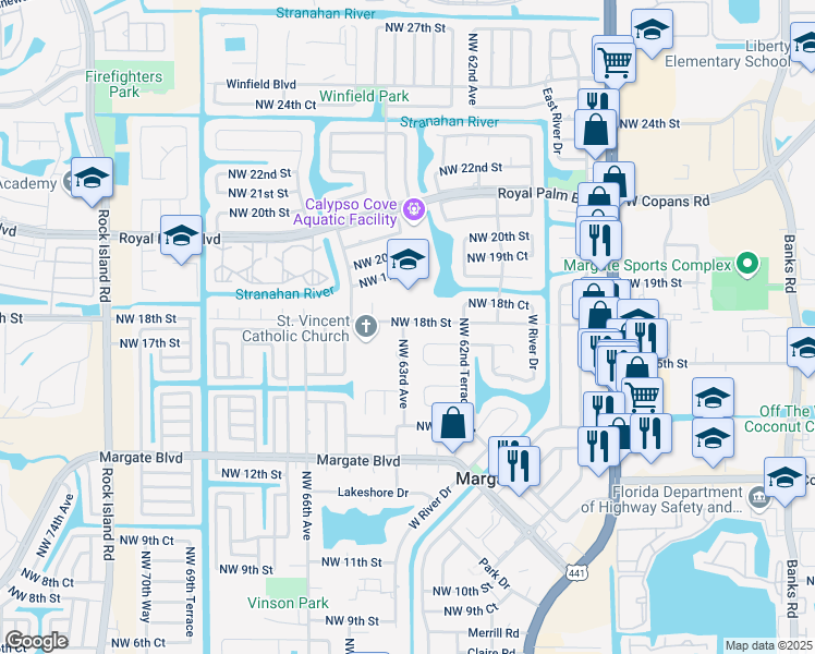 map of restaurants, bars, coffee shops, grocery stores, and more near 1800 Northwest 63rd Avenue in Margate