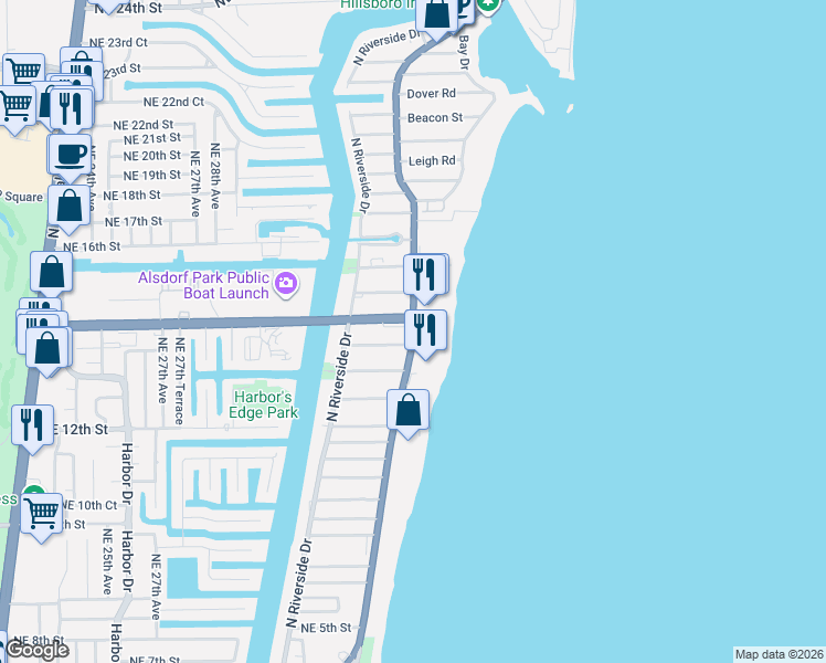 map of restaurants, bars, coffee shops, grocery stores, and more near in Pompano Beach