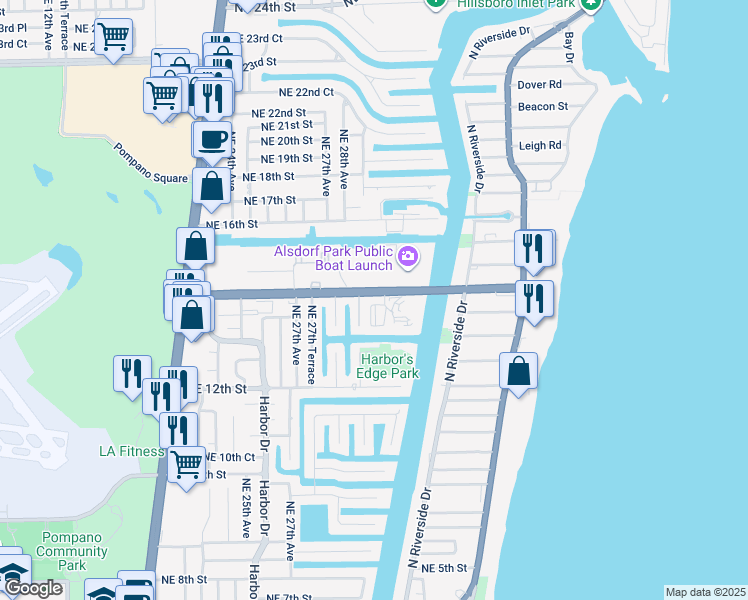 map of restaurants, bars, coffee shops, grocery stores, and more near 161 Northeast 14th Street in Pompano Beach