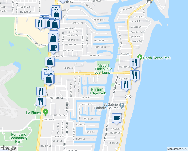 map of restaurants, bars, coffee shops, grocery stores, and more near 161 Northeast 14th Street in Pompano Beach