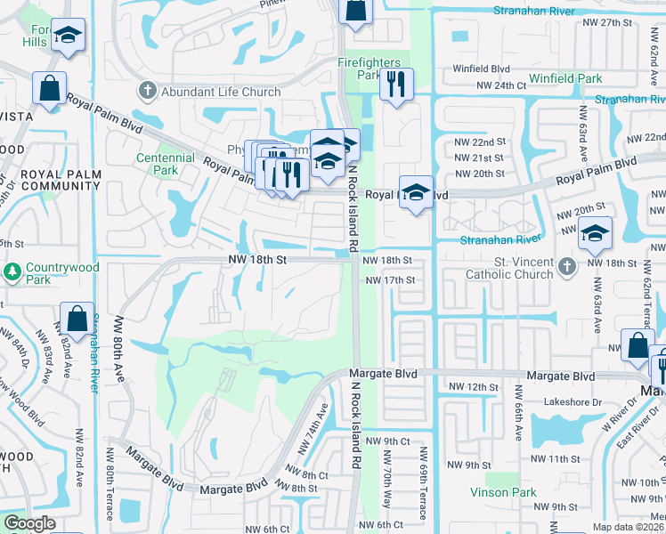 map of restaurants, bars, coffee shops, grocery stores, and more near 202 Northwest 18th Street in Margate
