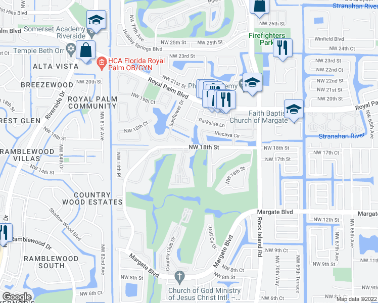 map of restaurants, bars, coffee shops, grocery stores, and more near 7608 Northwest 18th Street in Margate