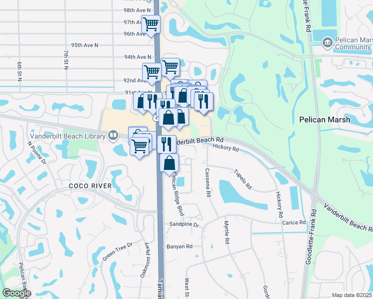 map of restaurants, bars, coffee shops, grocery stores, and more near 910 Vanderbilt Beach Road in Naples