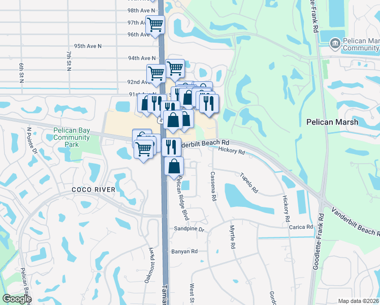 map of restaurants, bars, coffee shops, grocery stores, and more near 910 Vanderbilt Beach Road in Naples