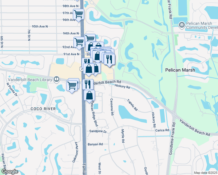 map of restaurants, bars, coffee shops, grocery stores, and more near 883 Cassena Road in Naples