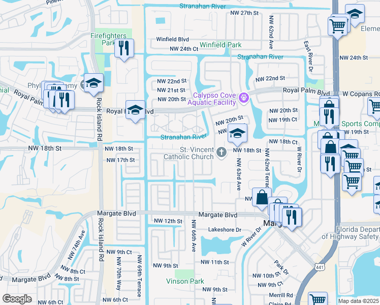 map of restaurants, bars, coffee shops, grocery stores, and more near 1795 Northwest 66th Avenue in Margate
