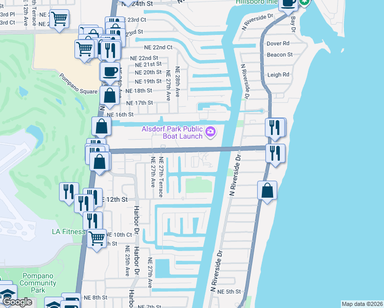 map of restaurants, bars, coffee shops, grocery stores, and more near 161 Northeast 14th Street in Pompano Beach