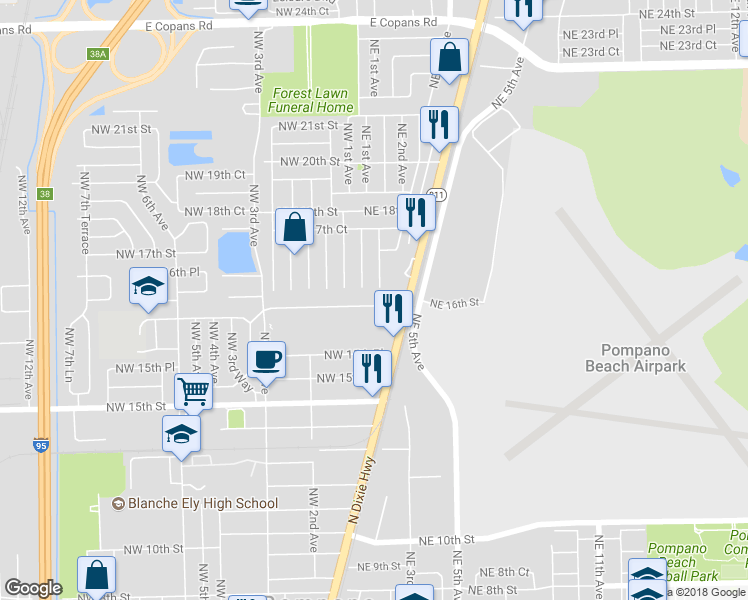 map of restaurants, bars, coffee shops, grocery stores, and more near 127 Northwest 16th Street in Pompano Beach