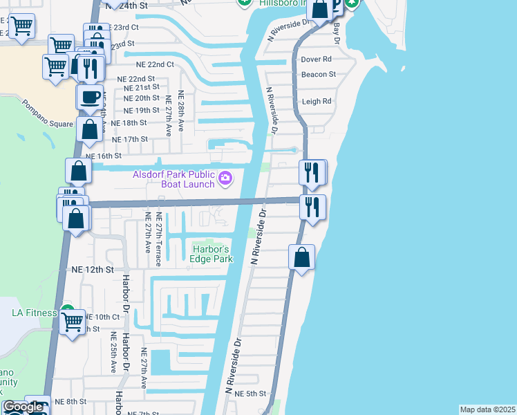 map of restaurants, bars, coffee shops, grocery stores, and more near 17 North Riverside Drive in Pompano Beach
