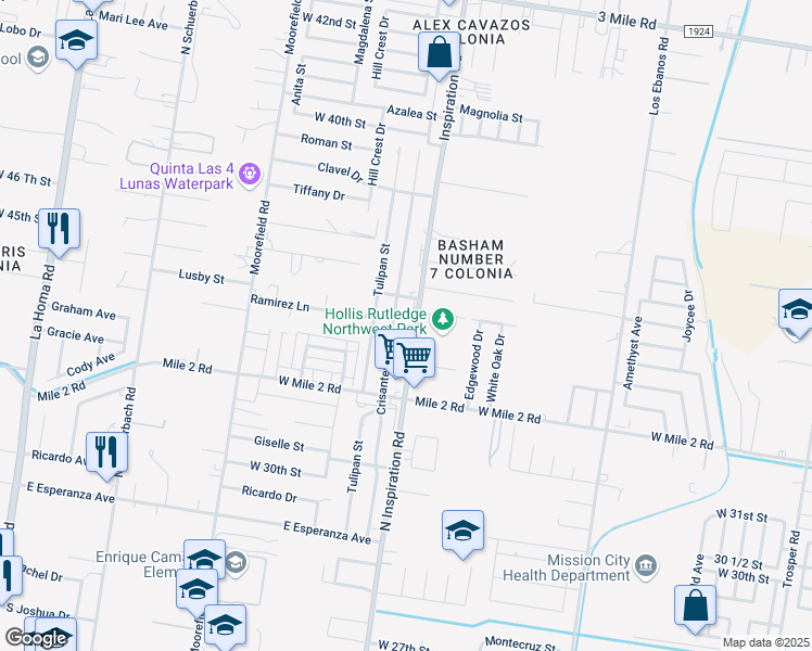 map of restaurants, bars, coffee shops, grocery stores, and more near 3403 North Inspiration Road in Mission