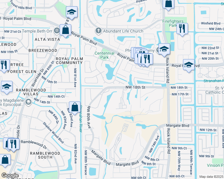 map of restaurants, bars, coffee shops, grocery stores, and more near 7800 Northwest 18th Street in Margate