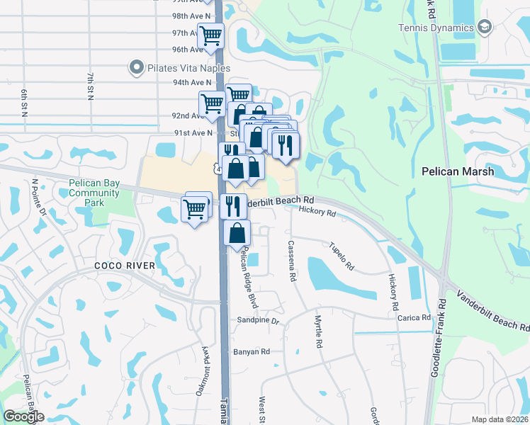 map of restaurants, bars, coffee shops, grocery stores, and more near 883 Cassena Road in Naples