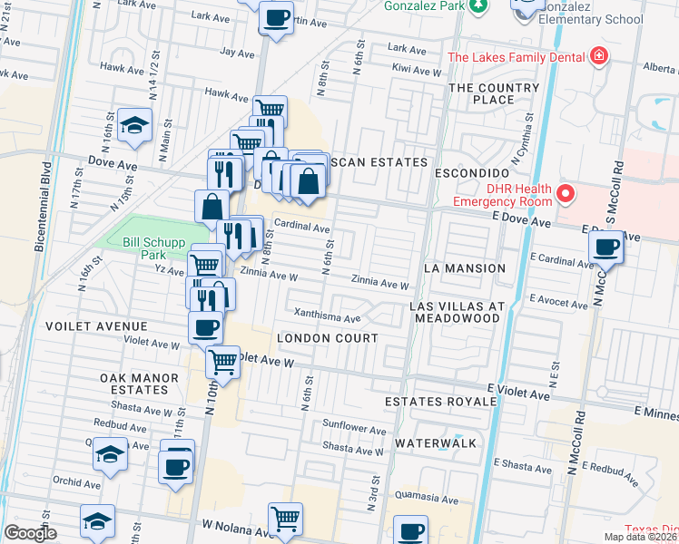 map of restaurants, bars, coffee shops, grocery stores, and more near 504 Zinnia Avenue in McAllen