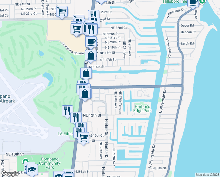 map of restaurants, bars, coffee shops, grocery stores, and more near 2600 Northeast 14th Street in Pompano Beach