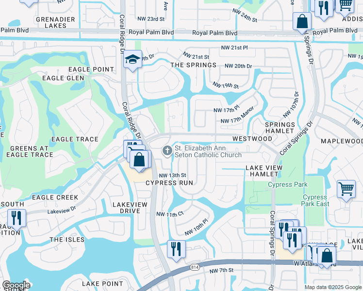 map of restaurants, bars, coffee shops, grocery stores, and more near 1519 Northwest 112th Way in Coral Springs