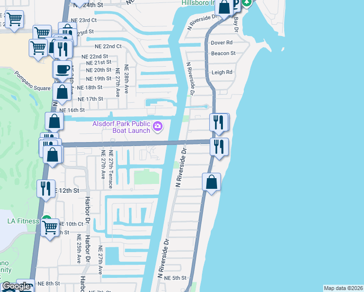 map of restaurants, bars, coffee shops, grocery stores, and more near 17 North Riverside Drive in Pompano Beach