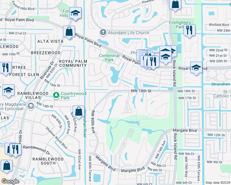 map of restaurants, bars, coffee shops, grocery stores, and more near 7800 Northwest 18th Street in Margate
