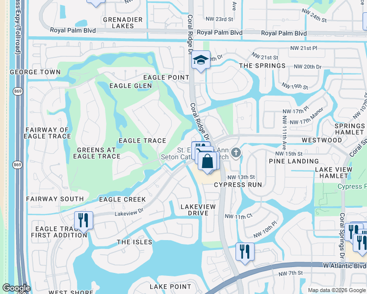 map of restaurants, bars, coffee shops, grocery stores, and more near 11811 Highland Place in Coral Springs