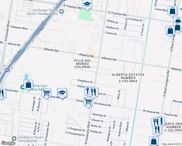 map of restaurants, bars, coffee shops, grocery stores, and more near 1204 Palm Circle in Edinburg