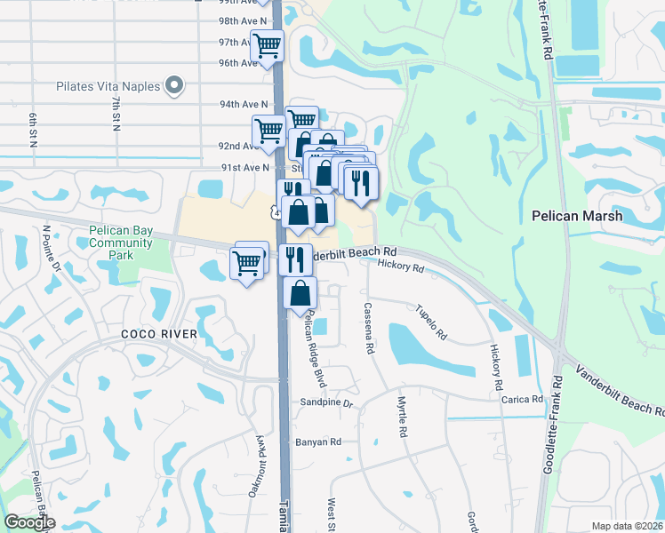 map of restaurants, bars, coffee shops, grocery stores, and more near 883 Cassena Road in Naples