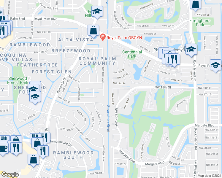 map of restaurants, bars, coffee shops, grocery stores, and more near 1705 Northwest 80th Avenue in Margate