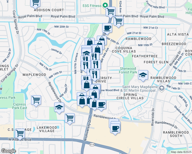 map of restaurants, bars, coffee shops, grocery stores, and more near 1515 North University Drive in Coral Springs