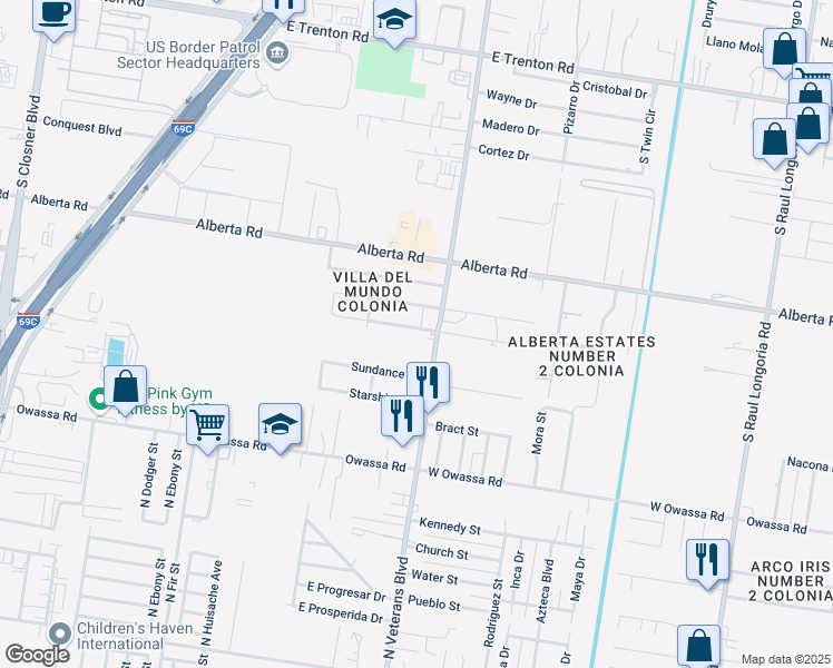 map of restaurants, bars, coffee shops, grocery stores, and more near 1204 Palm Circle in Edinburg