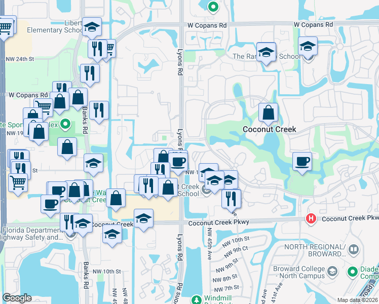map of restaurants, bars, coffee shops, grocery stores, and more near 2502 Antigua Terrace in Coconut Creek