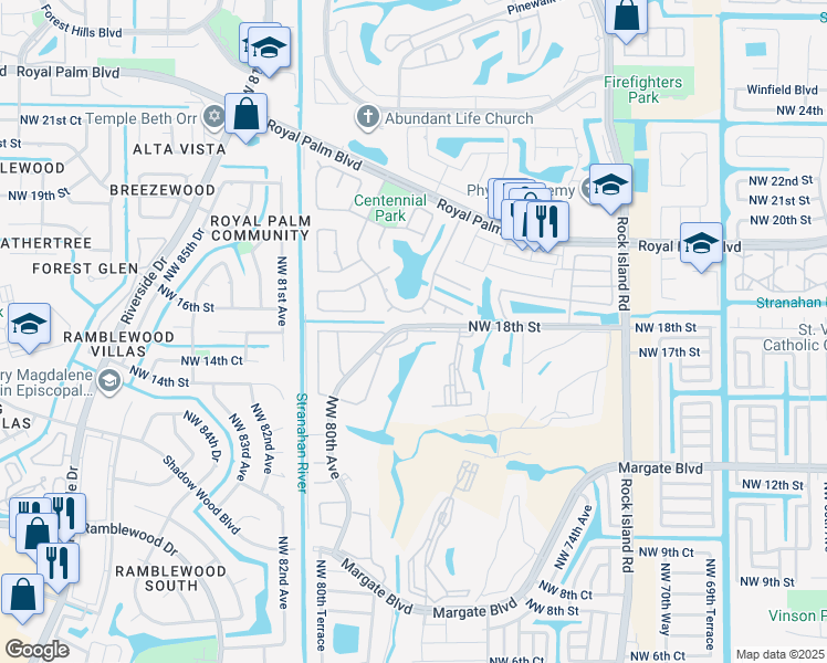 map of restaurants, bars, coffee shops, grocery stores, and more near 7800 Northwest 18th Street in Margate