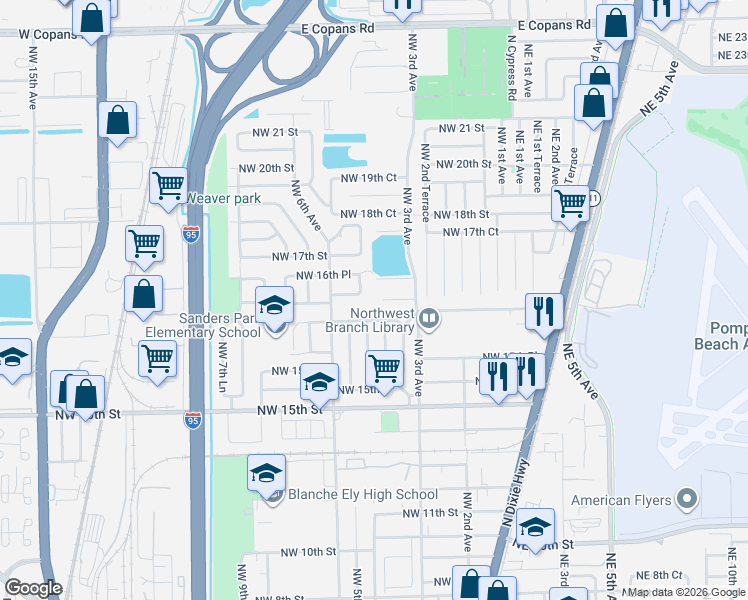 map of restaurants, bars, coffee shops, grocery stores, and more near 360 Northwest 16th Place in Pompano Beach