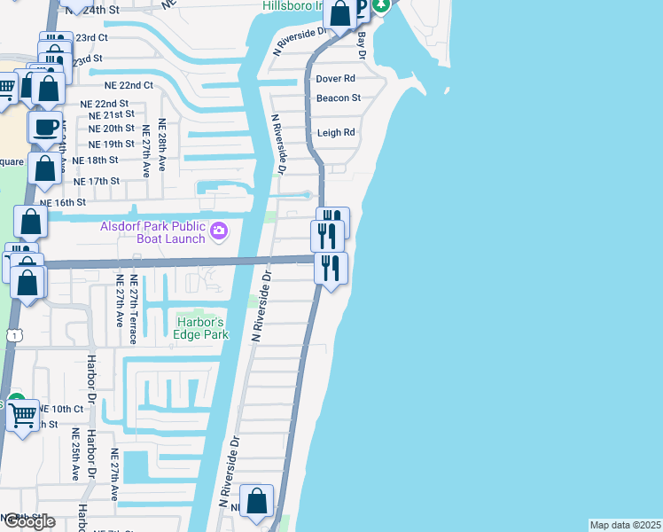 map of restaurants, bars, coffee shops, grocery stores, and more near 1350 North Ocean Boulevard in Pompano Beach