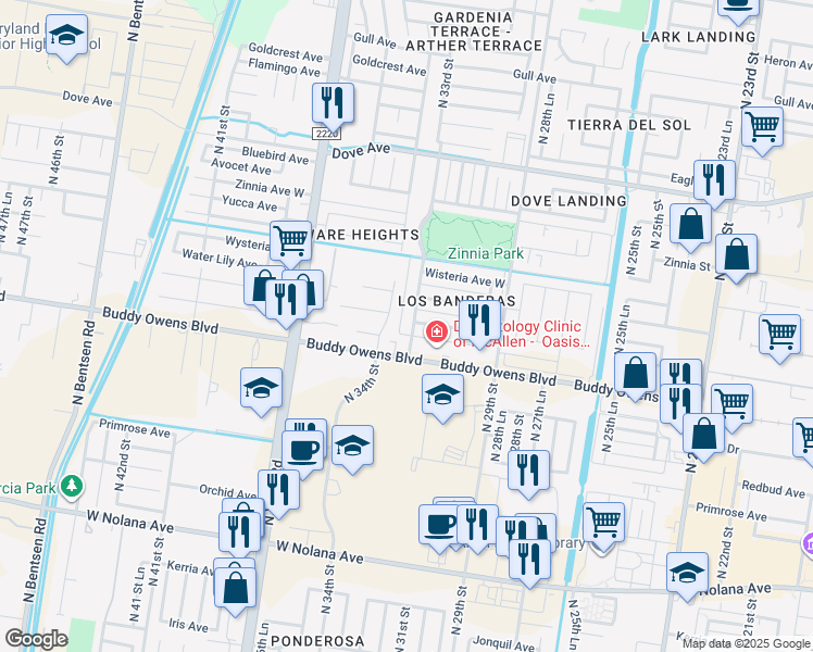 map of restaurants, bars, coffee shops, grocery stores, and more near 4625 N 33rd St in McAllen