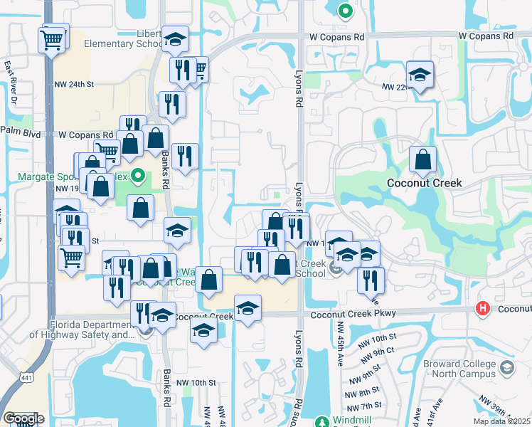 map of restaurants, bars, coffee shops, grocery stores, and more near 4706 Satinwood Trail in Coconut Creek