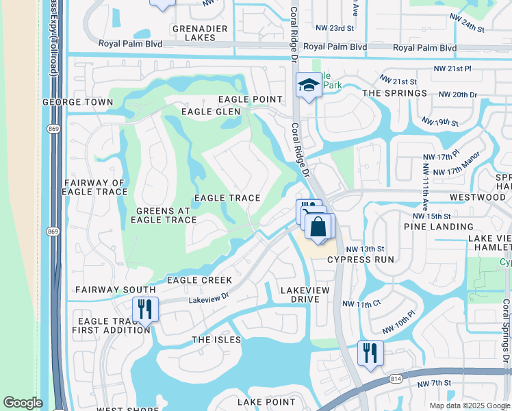 map of restaurants, bars, coffee shops, grocery stores, and more near 1745 Eagle Trace Boulevard in Coral Springs
