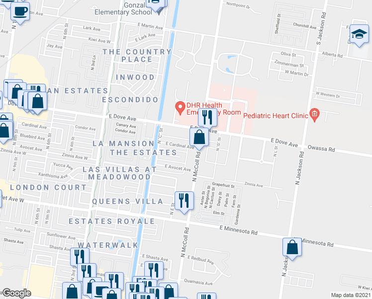map of restaurants, bars, coffee shops, grocery stores, and more near 520 East Cardinal Avenue in McAllen